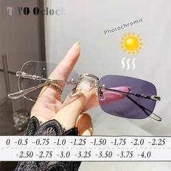 Luxury Photochromic Sunglasses Women Prescription Glasses Graduated Lenses Minus Anti Blue Computer Glasses Transparent Rimless