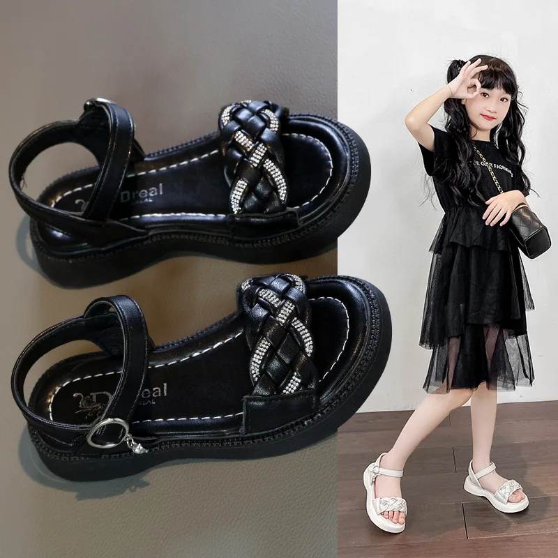 Rhinestone Children's Sandals for Girls Shoes for Kids  Summer Soft Flat Heels Beach 2025 Princess Fashion Weave Sports Shoes
