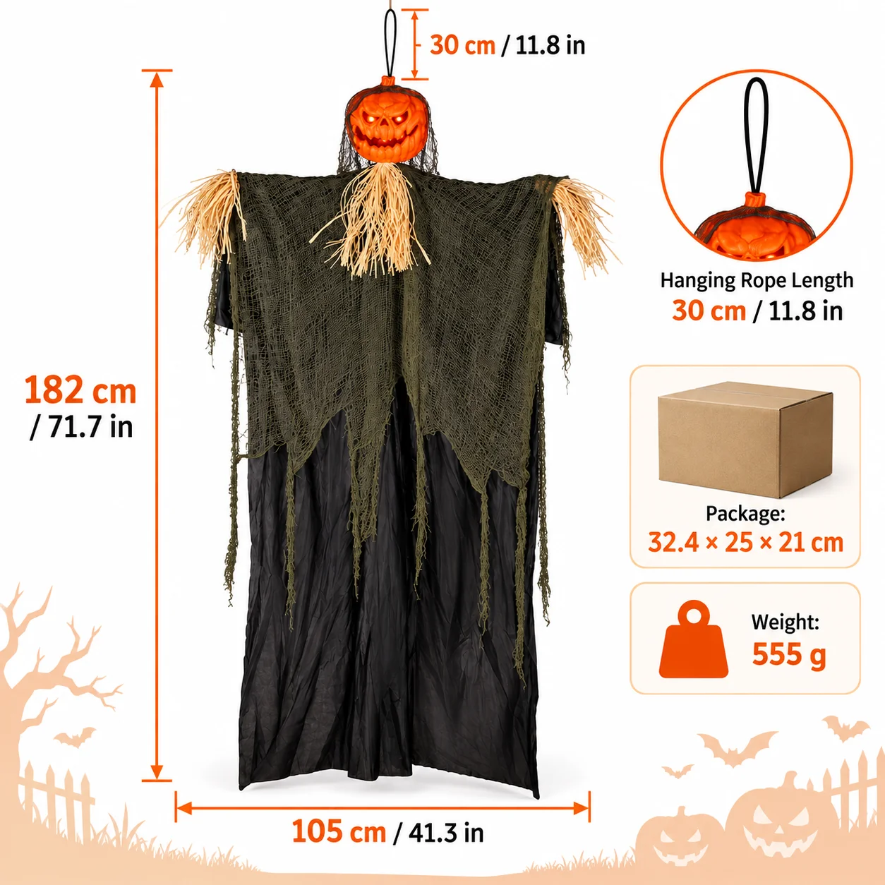 Big Halloween Hanging Pumpkin Scarecrow Light Up Sound Activated Decoration for Haunted House Outdoor Yard Garden Party Decor