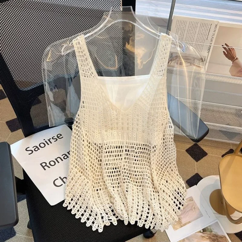 

Sweater Vests Women Streetwear Summer Hollow Out Korean Solid Sweet Style Knitwear Femme Sweet Cozy Chic All-match V-neck Design
