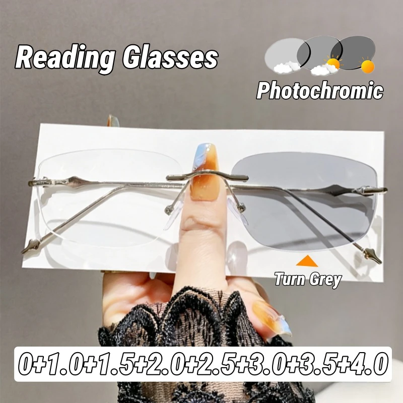 

Photochromic Presbyopia Glasses Women's INS Style Rimless Beveled Edge Blue Light Blocking Star-Patterned Temple Reading Glasses