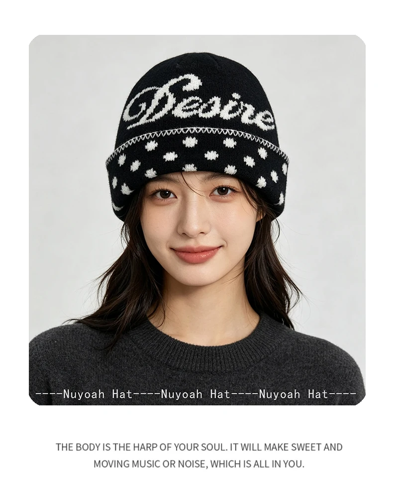 Neue Herren- und Damenmützen im amerikanischen Retro-Jacquard-Stil mit Buchstabenmuster, warme Polka-Dot-Mode-Farbblock-Beanies, vielseitig einsetzbar für den Außenbereich, persönlich gestylt. – Detail 6
