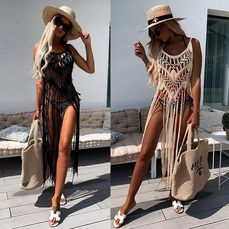 

2024 Beach Dress See Through Crochet Dress Tunic Bikini Cover Up Sexy Hollow Out Women BeachWear Tassel Cover Up Swimwear Women