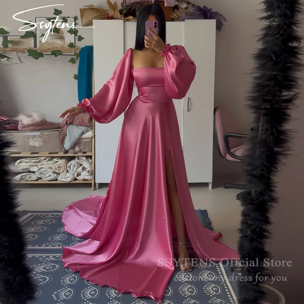 

SSYTENS Simple Hot Pink Evening Party Dresses Vestidos de noiva Silk Puff Long Sleeves Dubai Arabic Women Prom Gowns Customized