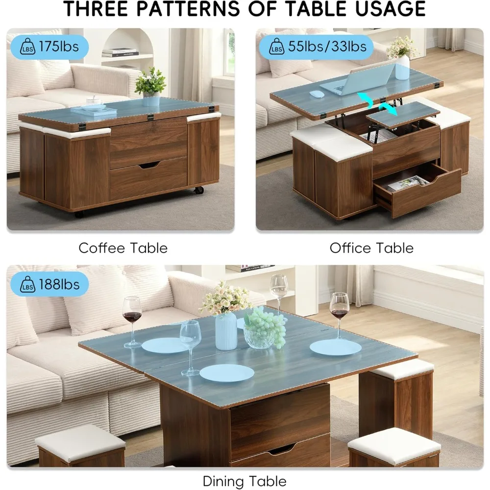 Customized.Multi-Functional Lift-Top Coffee Table with 4 Stools, Hidden Storage and Drawers, Modern Movable Center Table with St