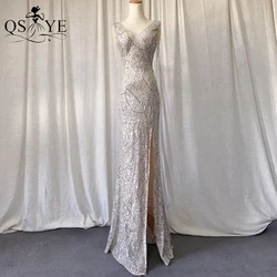 Sequined Silver Long Prom Dresses Stretch Pattern Lace Beading Straps V Neck Evening Gown Sexy Split Fitted Formal Party Dress