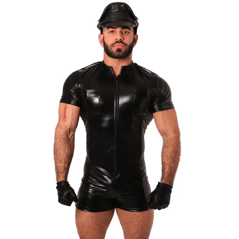 Sexy Man Leather Body Shaper Black Cosplay Police Suit Lingerie Hat Gloves Set Erotic Gay Sissy Adult Zipper Bodysuit PU Latex