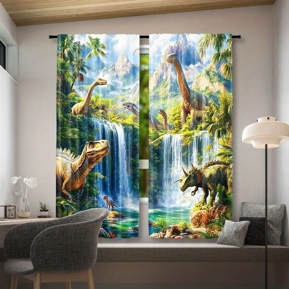 Dinosaur Jungle Waterfall Curtains 2 Panels, T-Rex Triceratops Brachio Tropical Palm Mountain Scenery Drapes Kids Bedroom Decor