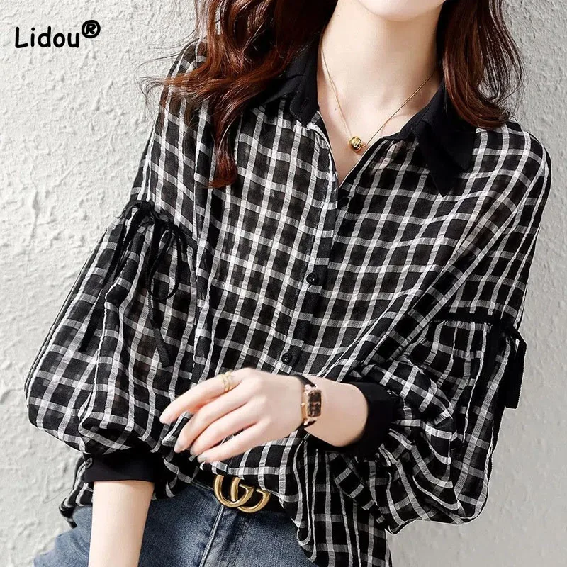 

Korean Fashion Spliced Turn-down Collar Shirt for Female Casual Loose Long Sleeve Plaid Printed Blouse Spring Women's Clothing