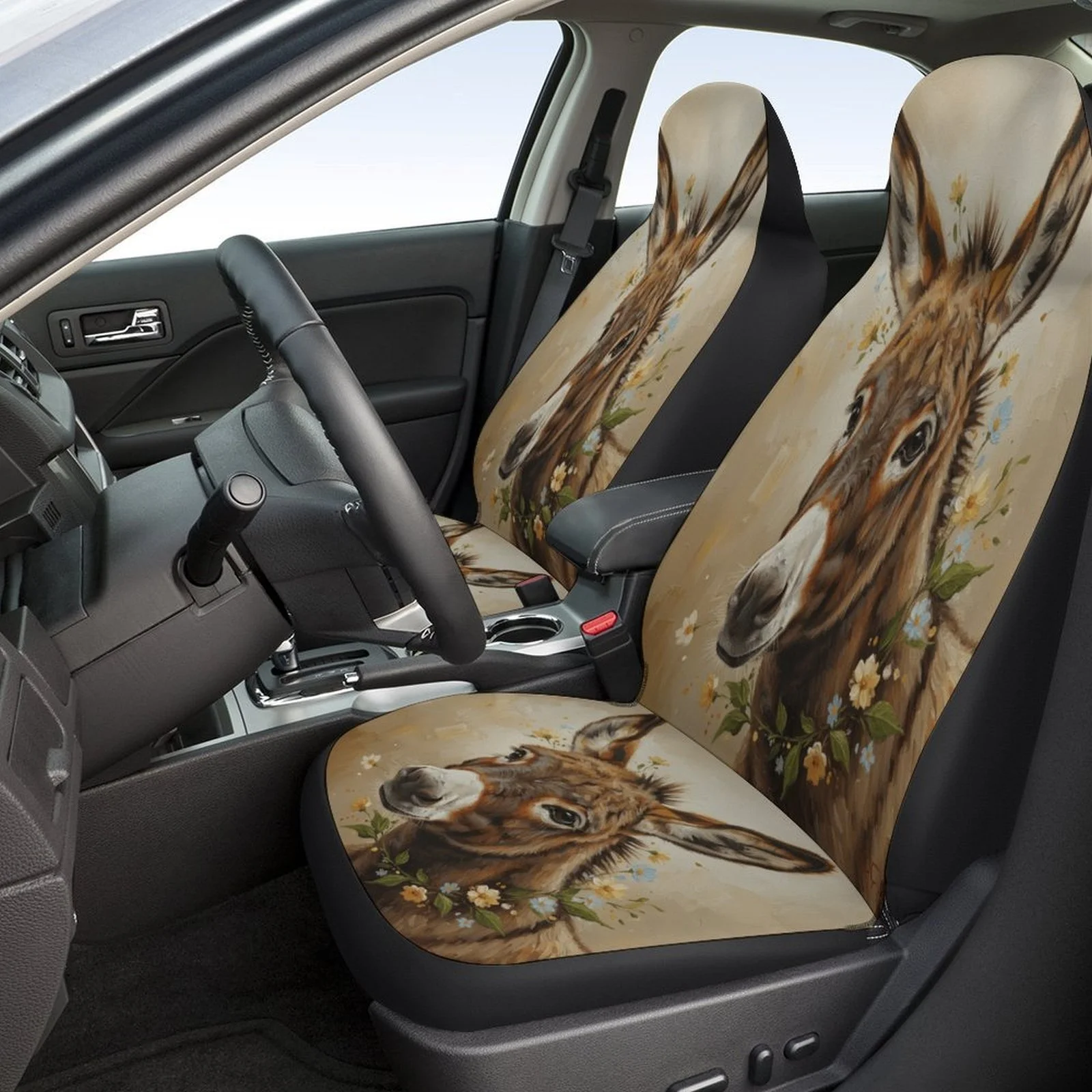Donkey With Flowers Car Seat Cover Set - Trendy High-Quality Polyester, Universal Fit For Most Cars, Stylish Animal Print Design