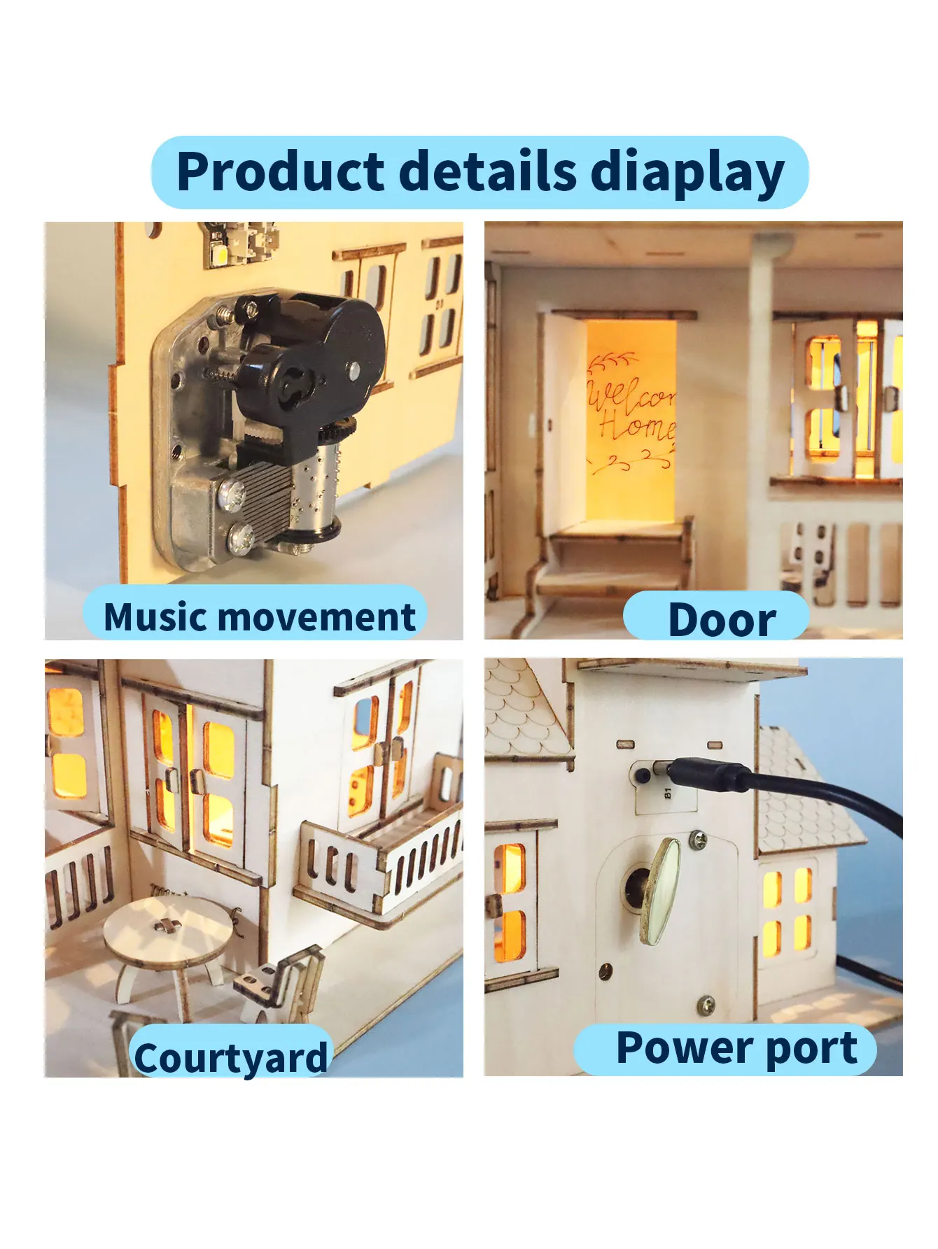 3D Wooden Puzzle Sweet Home Music Box Model Kits Building with LED Night Lights