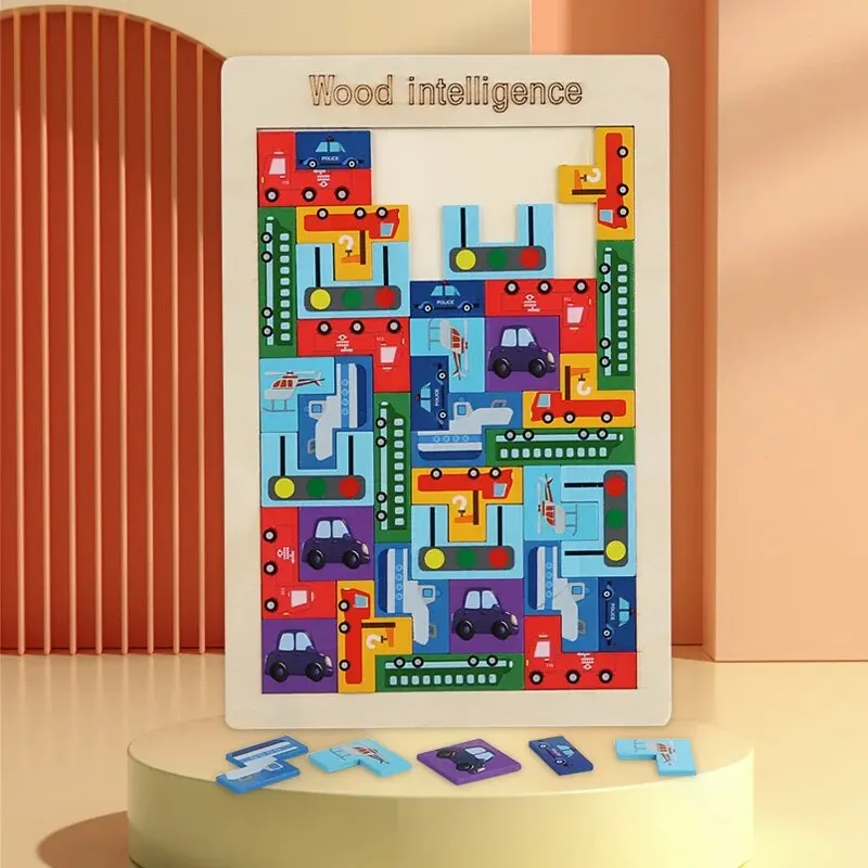 Wooden Building Blocks Cars Traffic Game Puzzle Intelligence Brain Teasers Logic Game Early Educational Block Training Learning