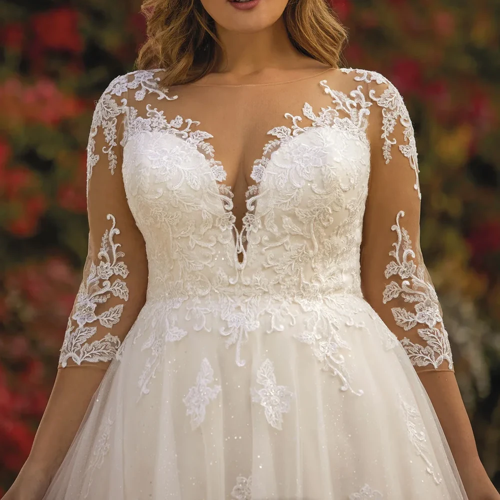 

Customized Three Quarter Sleeves Wedding Dresses A Line Deep V Neck Bridal Grown Applique Lace Tulle illusion Vestido de novia