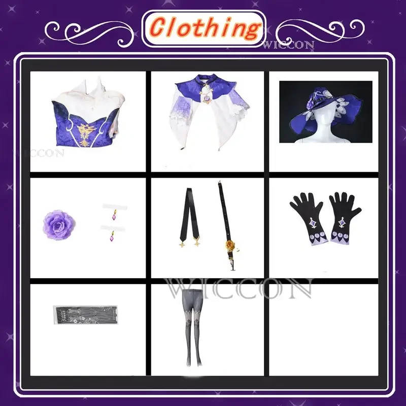 Genshin Impact Lisa Cosplay Costume pour femme, jeu d'anime, perruque, robe avec gants, tenues d'Halloween