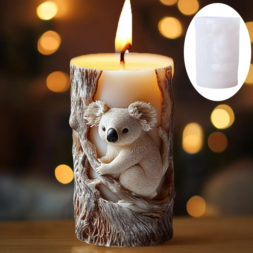 3D Koala Branch Relief Cylindryczna świeca Silikonowa forma Królik Niedźwiedź Cylindryczna forma świecy Wiewiórka Relief Żywica Formy gipsowe — zdjęcie 3