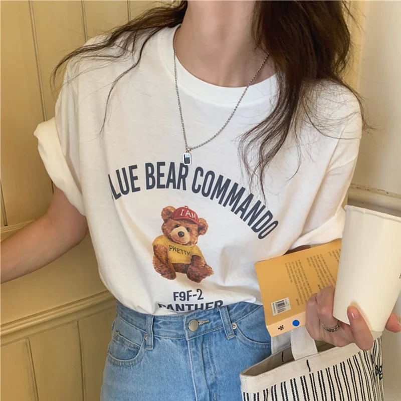 Chic Summer Children's Fun Youthful Round Ne Overhead Allentato Versatile Orso Cartoon Letter Print Or Sve T-shirt