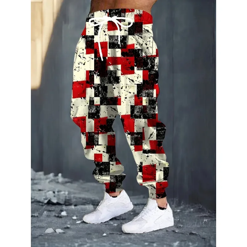 2026 Men 3D Geometric Color Block Print Sports Trousers Drawstring Pocket Casual Comfortable Home Pajama Pants Fashion
