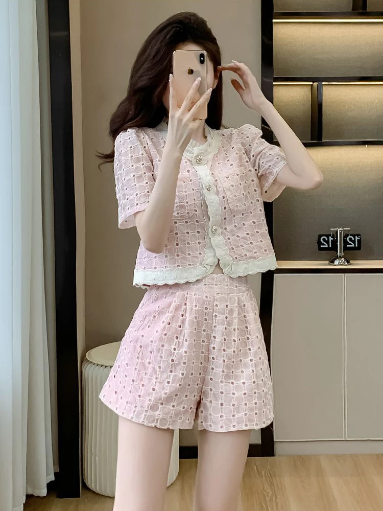 

New Fashion Casual Small Fragrant Two Piece Pant Sets Women Shirt Top + Short Sets Conjuntos Femininos Elegantes Ensemble Femme