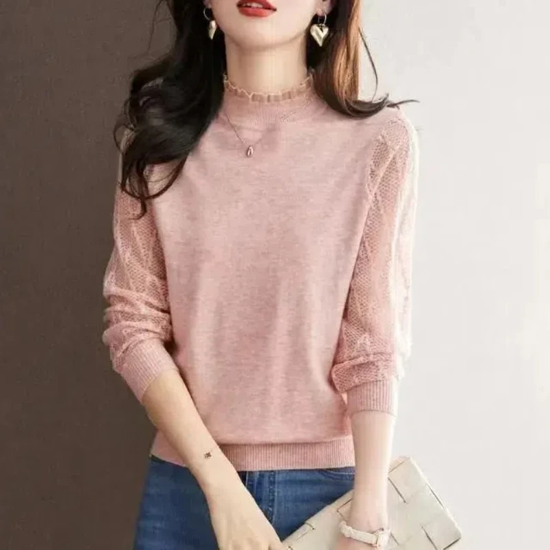 Autumn Winter Lace Patchwork Solid Color Pullover Sweater Knitted Women\'s Clothing Casual Long Sleeve Half High Collar Tops