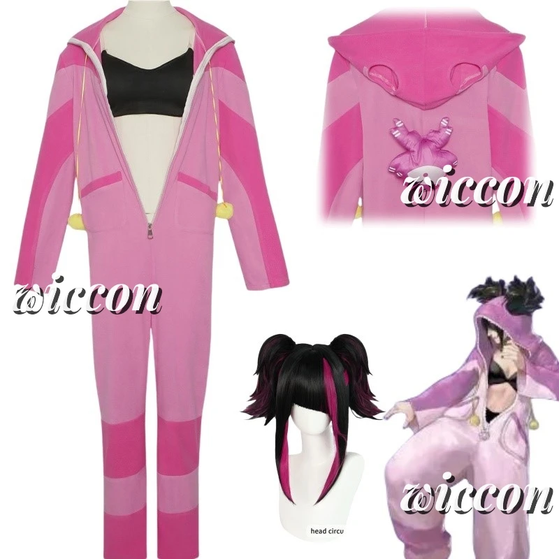 Street Cos Fighter Han Juri Cosplay Outfit Pink Pajamas with Wig for Women Girls Winter Halloween Party Suit - view 3