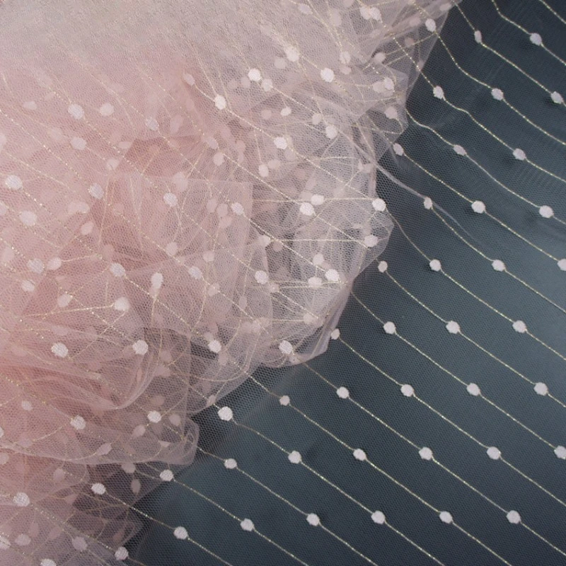 Mistlace Nylon-Polyester Blendded Meteror Mesh Fabric Gold Thread Vertical Stripe Dot Jacquard Hollow Tulle For Garment DIYML250