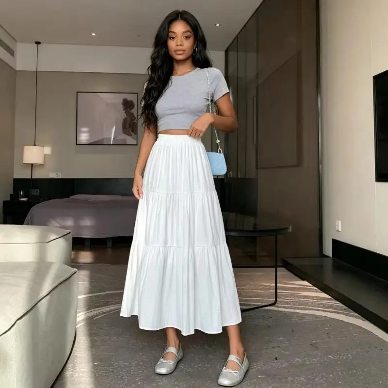 Skirts Women Pleated Mid Calf Length Skirt A Line Elegant Splice Y2k Cake Dress Solid Casual Beach Elastic Waist Work Summer