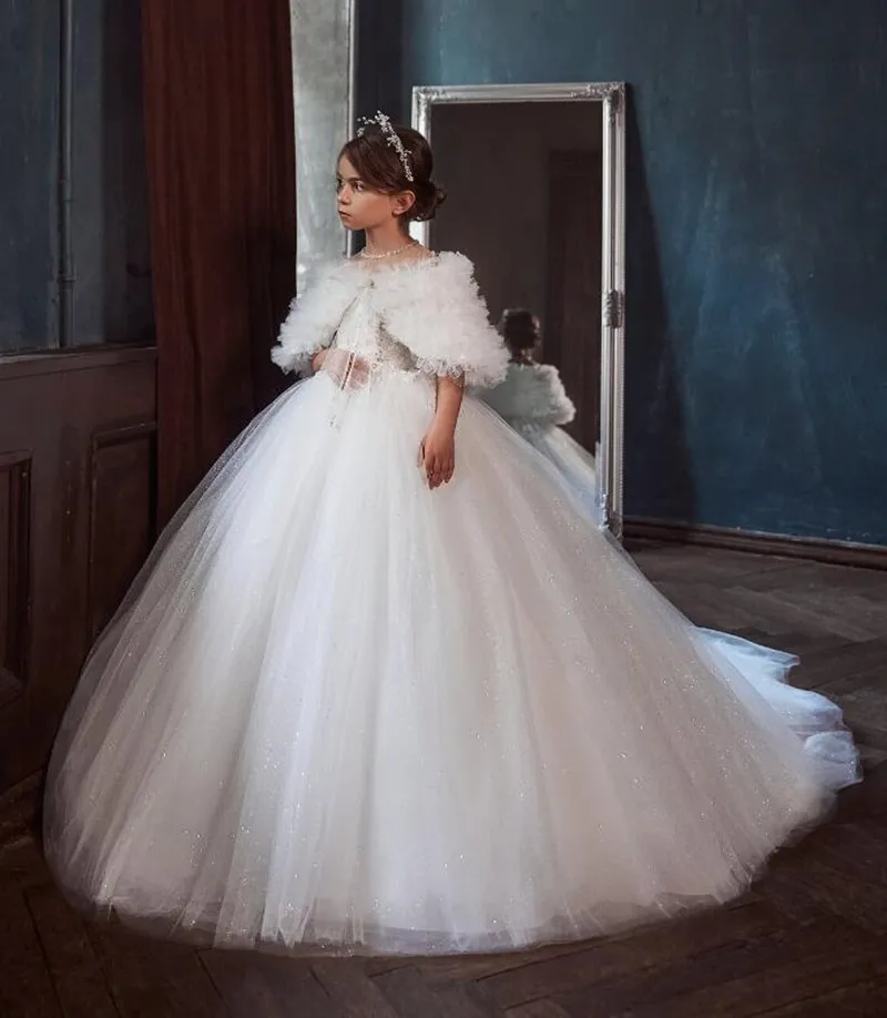 

Luxury White Flower Girl Dress Kid Wedding Gown with Shawl Princess A-Line First Communion Dress for Special Day Pageant Gown