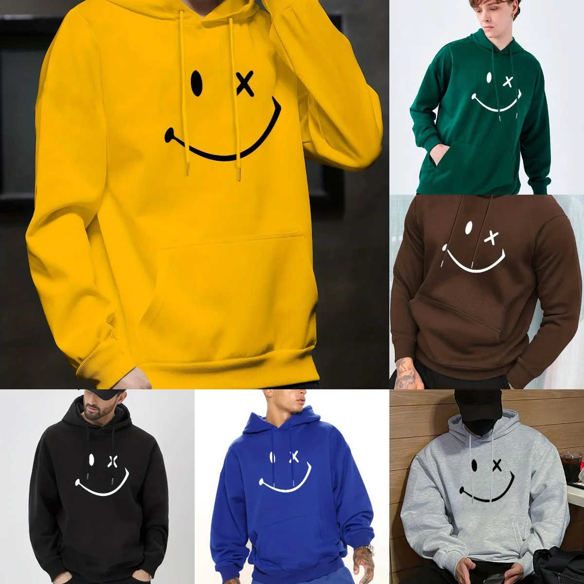 Plus Size Men_s Smile Face Print HoodedSweatshirt