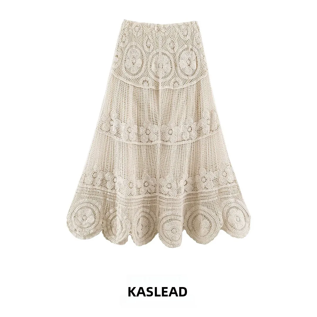 KASLEAD New Women's Fashion Versatile Slimming High-End Design Small Audience Midi Skirt A-Line Standard Fit Polyester Fiber