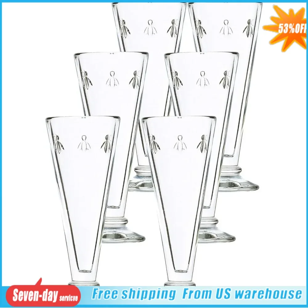 

glassware Bee 5.1 oz Champagne Flutes, Set of 6 with the iconic French Bee embossed, Classic elegant and sturdy French glassware