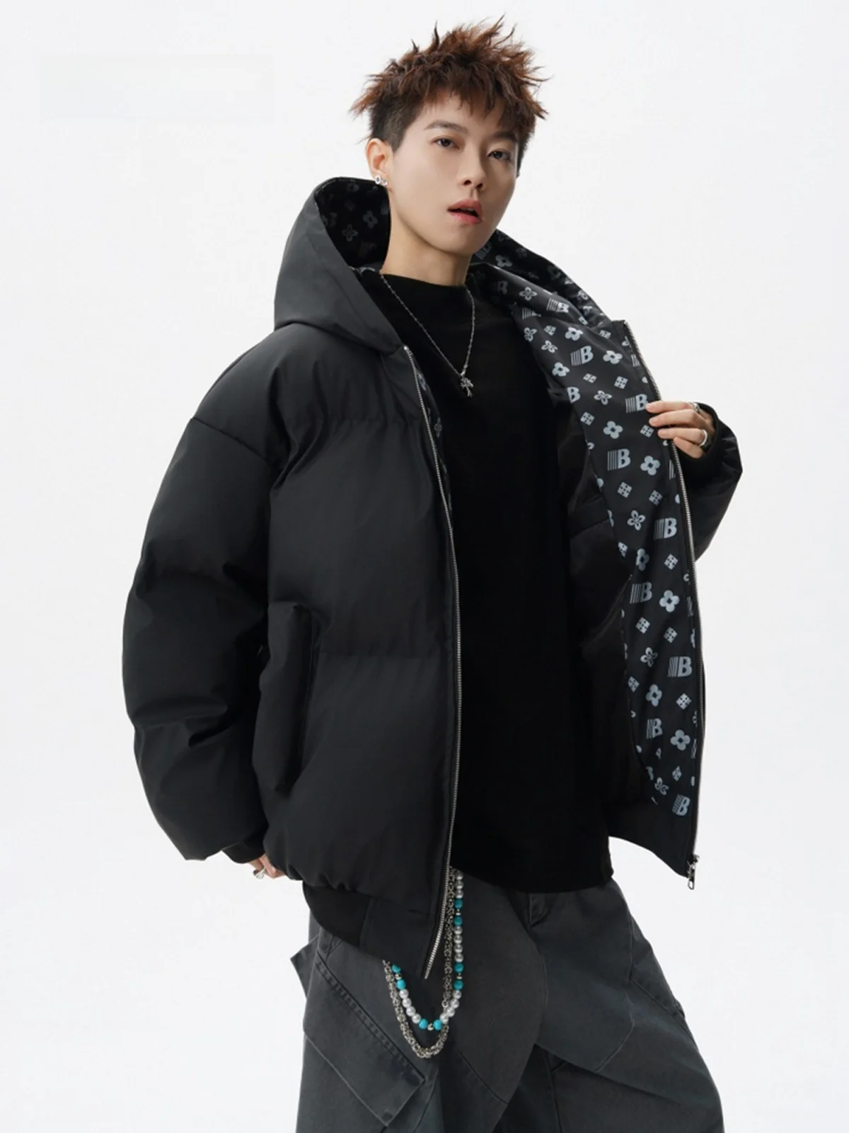 

Warmth Men's Cotton Jaet Hooded PU Leather Print Casual Outerwear Winter Street Sle High Street Couple's Coat