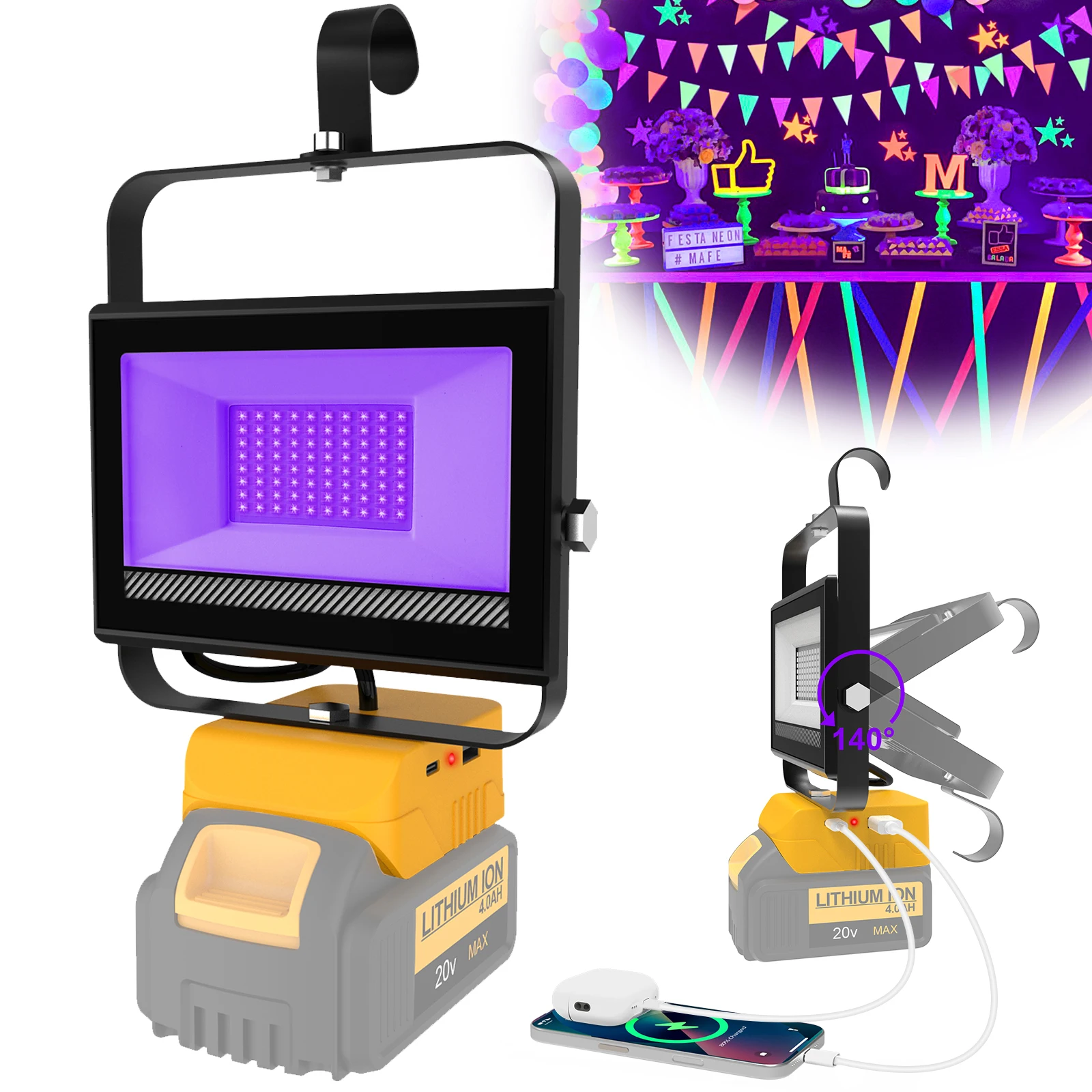 

60W 395nm UV Black Lights Work Light Stage Blacklight Portable LED Work Light for DeWalt LED Flood Light for Party Catch Fish