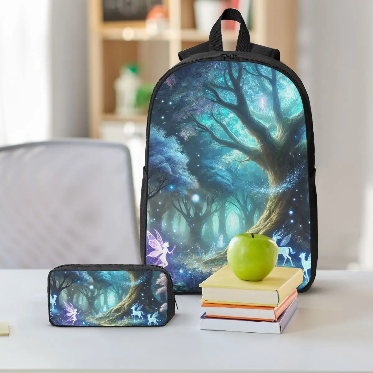 Glowing Enchanted Forest With Fairies And Magical Creatures Backpack BookBag School Bag 3ps Insulated Lunch Bag Pencil Case