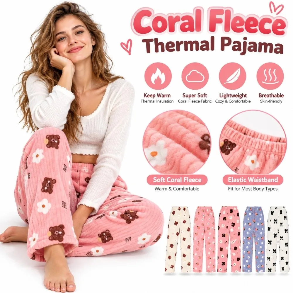 Cozy Thick Flannel Pajama Pants Warm Loose Fit Fleece Sleep Pants Winter Coral Fleece Fleece Loungewear Trousers Daily Wear