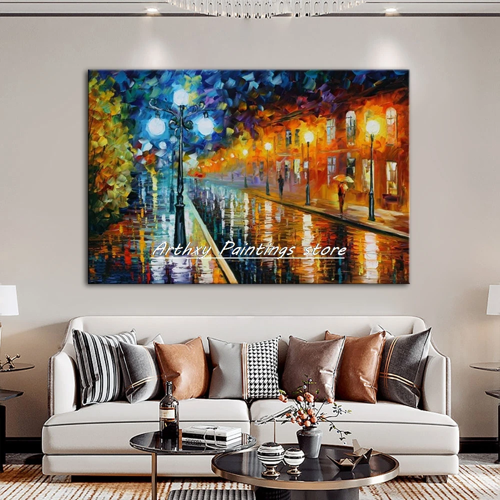 Hand-Painted Palette Knife Abstract Rainy Night Street Oil Painting On Canvas,Modern Wall Art,Picture For Living Room,Home Decor