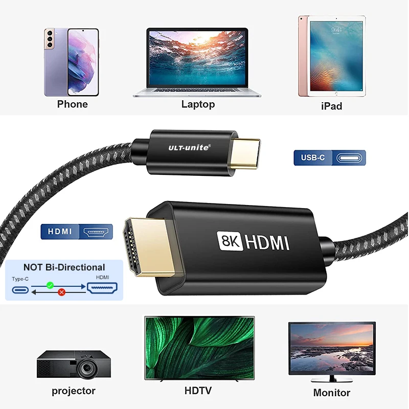 Cable USB tipo C a HDMI, convertidor compatible con HDMI, 8K, 2m, 4k120Hz, para Samsung, Huawei, MacBook Pro, Air, iPad Pro, UHD, proyector de TV