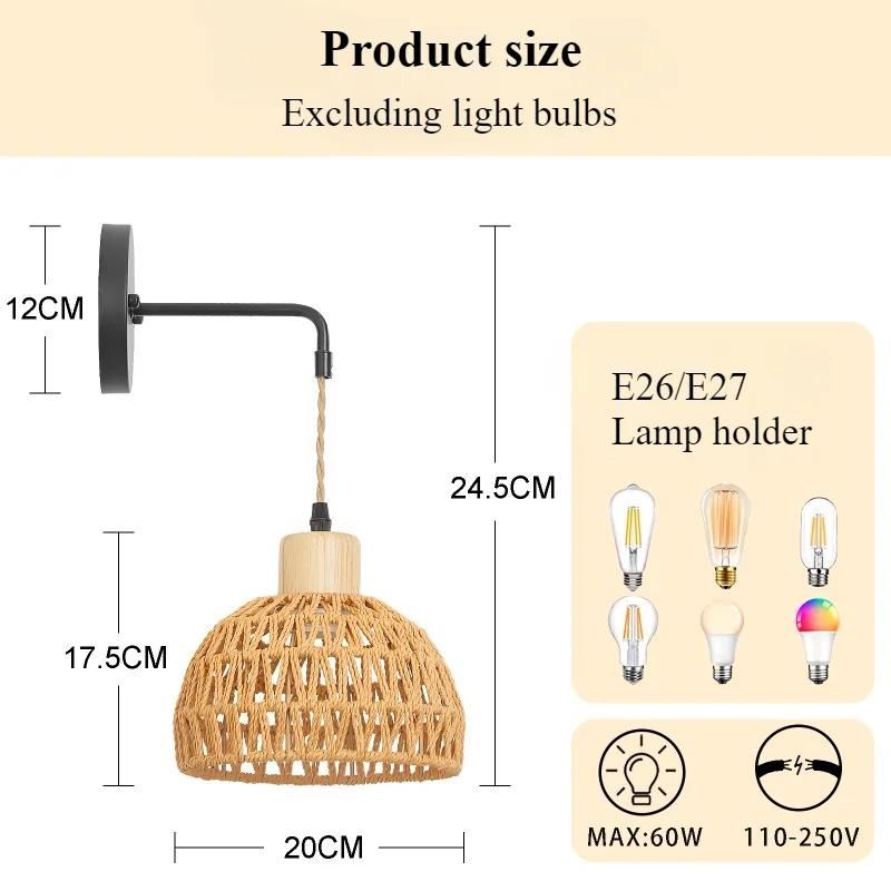 Vintage rattan wall lamp Indoor Handmade Shade Hand Woven Wall Sconce Wall Mountedlamp for Restaurant bedroom wall lights