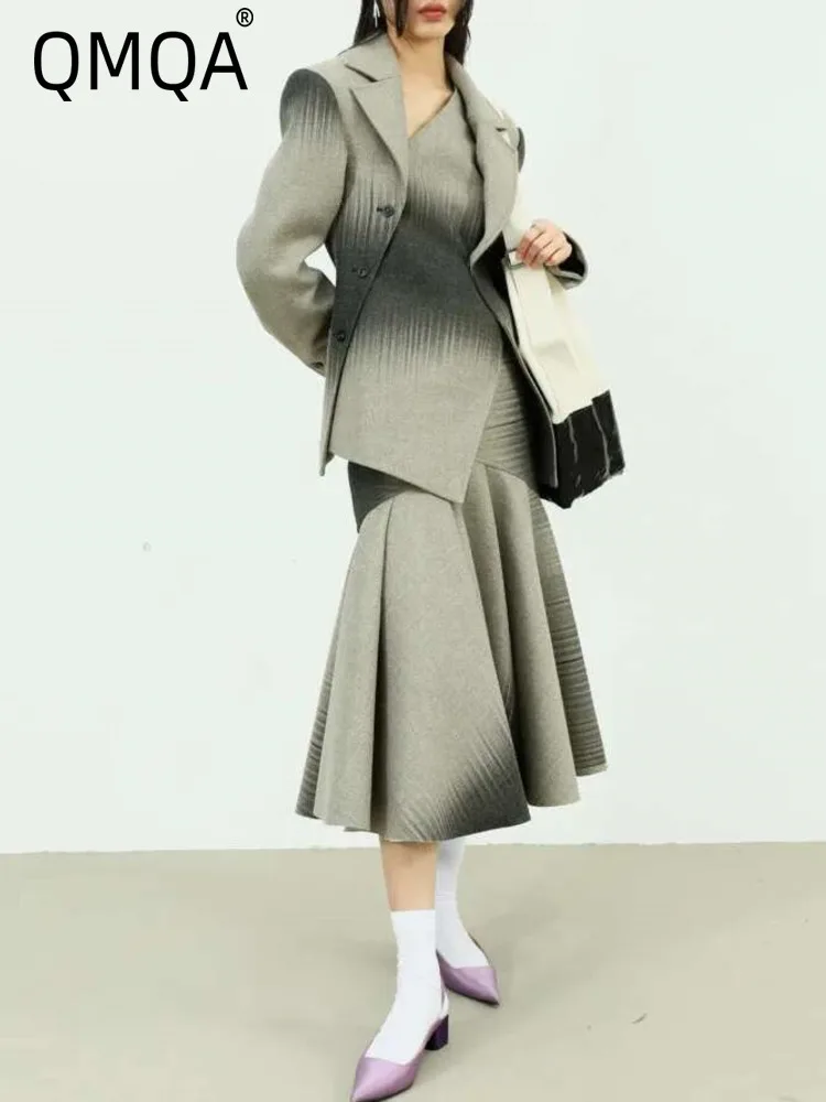 

QMQA Fashion Women's 2 Piece Set Irregular Design Gathered Waist Blazers High Waist A-line Mid-length Skirts Sets New QM390