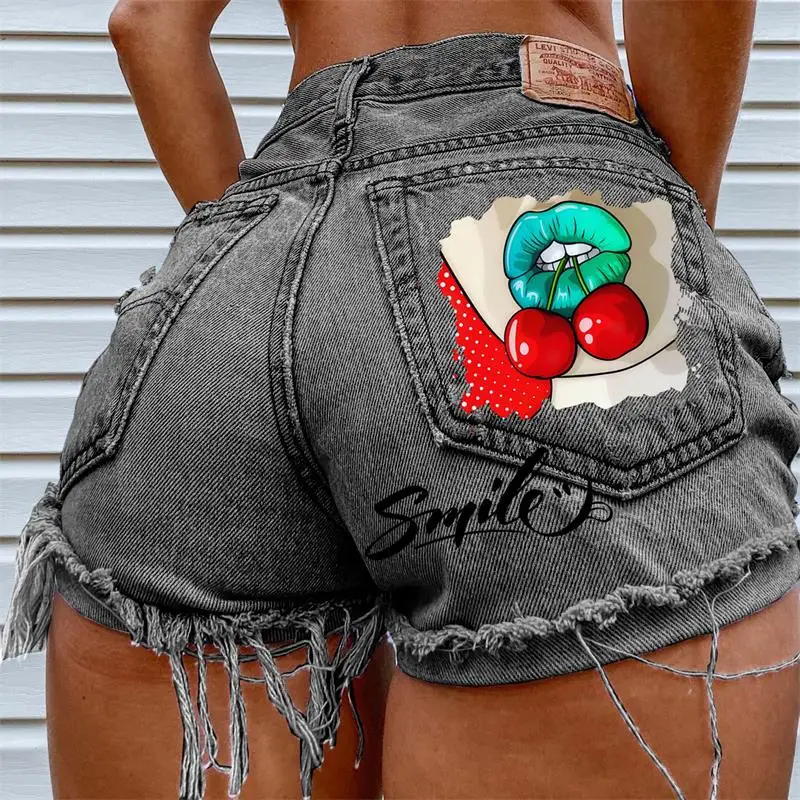 Women's Denim Shorts 2024 Summer New Cherry Print Ripped Raw Edge Fashion Plus Size Shorts