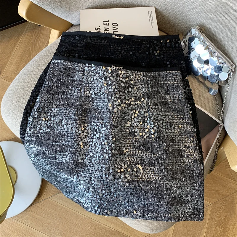 

2024 Autumn New Fashion Solid Color Sequin Short Skirt For Women High Waist Wrapped Hip A-line Mini Skirts Female