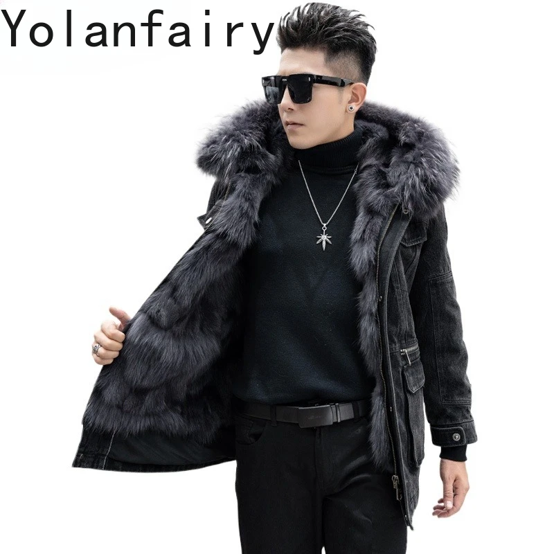 

YOLANFAIRY новые теплые джинсовые парки мужские зимние роскошные подкладки из лисьего меха средней длины шуба мужские черные парки с воротником из натурального меха енота