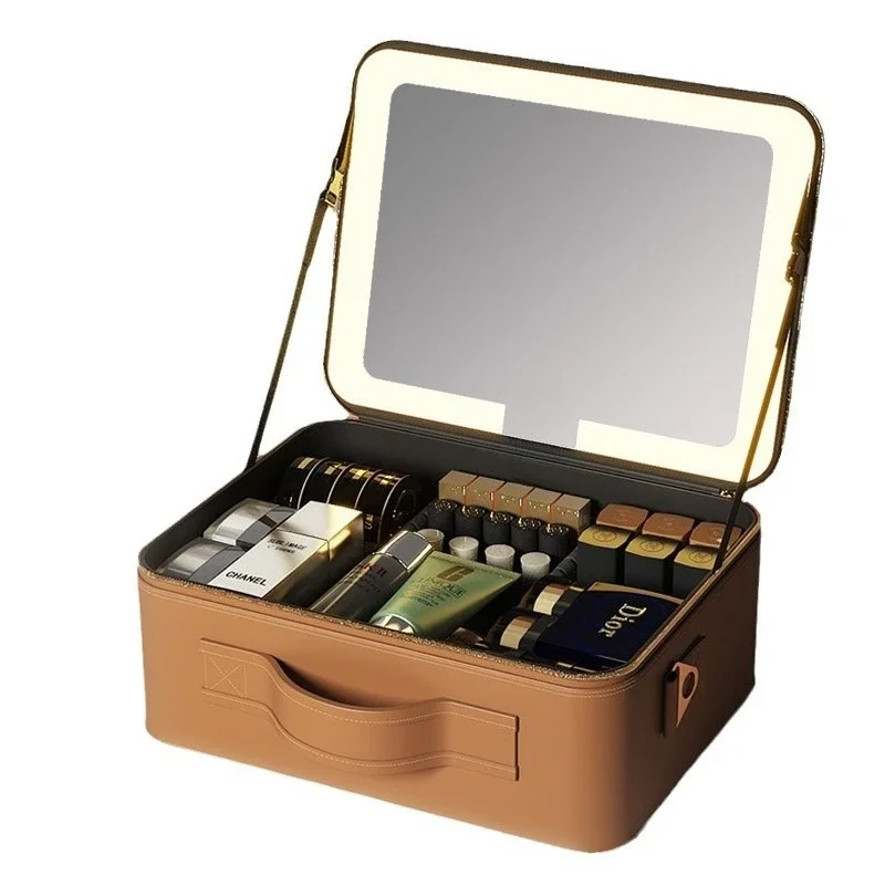 

Premium large cosmetic bag, large capacity with mirror, portable cosmetics for travel