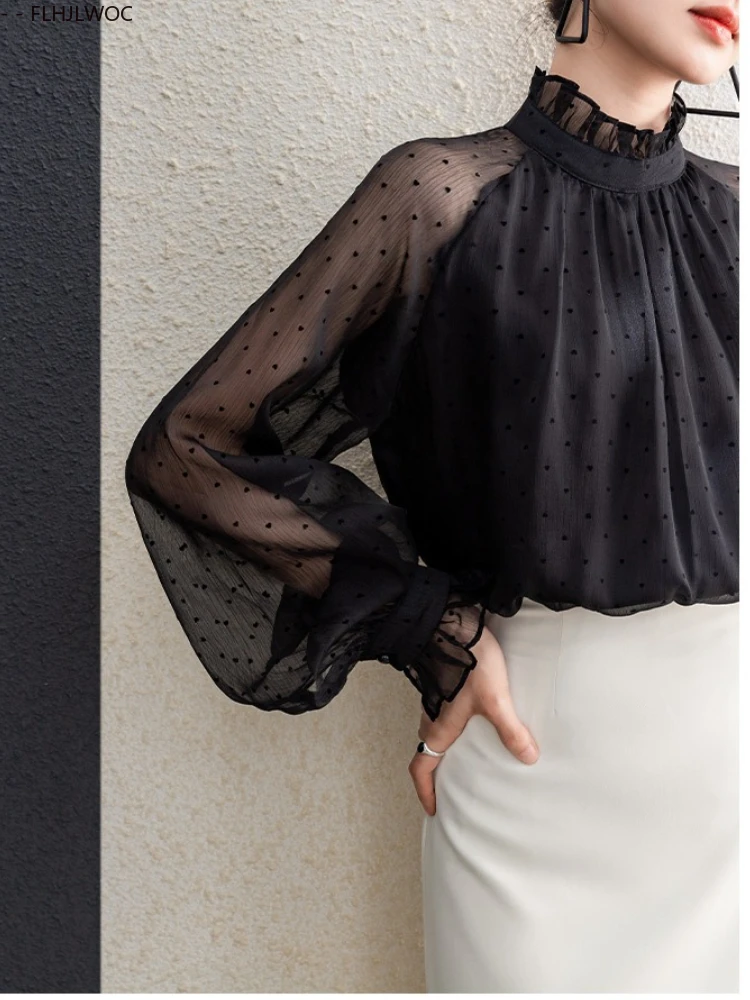 黒薄手のメッシュ韓国シックなトップス Blusas オフィスレディエレガントな薄いセクシーな透明な基本シャツ FLHJLWOC ファッション女性ブラウス