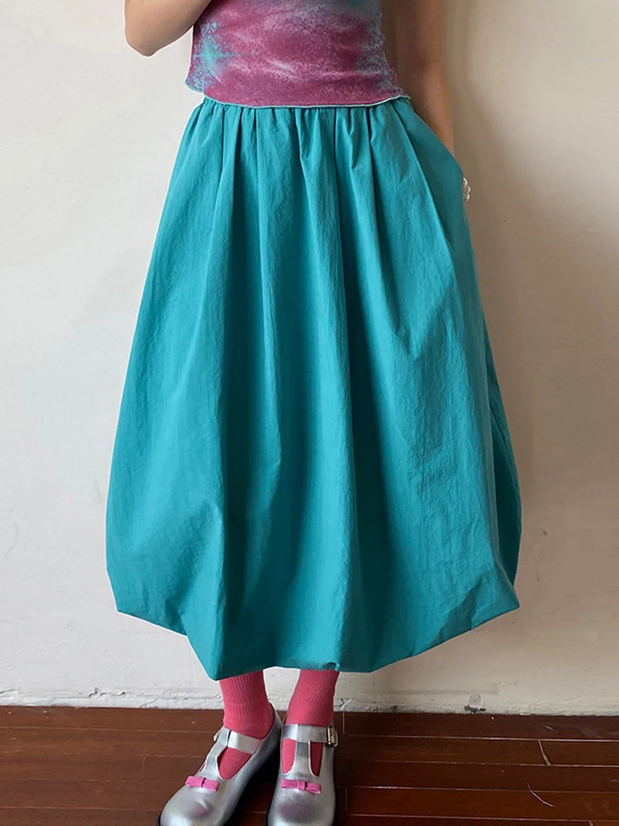 Women Bubble Long Skirt Y2k Low Elastic Waist Ruffle Pleated A-line Skirts Summer Beach Loose Fit Cute Puffball Balloon Skirt