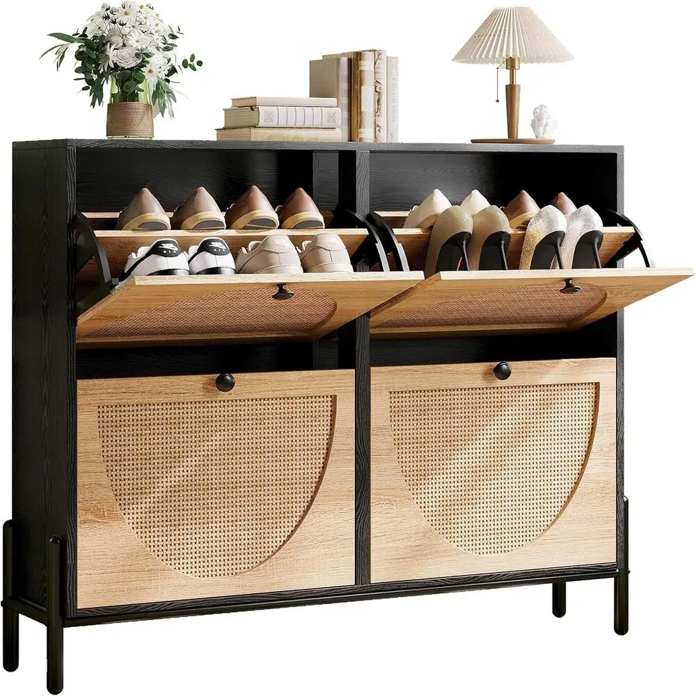خزانة أحذية IRONCK Rattan مع 4 أدراج قابلة للطي، وخزانة تنظيم تخزين الأحذية قائمة بذاتها، وخزانة رف الأحذية الضيقة