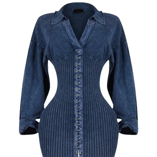 Frauen, figurbetontes Kleid, Minikleider, Denim, Patchwork, Falten, tiefer V-Ausschnitt, hohe Taille, sexy, schlank, über dem Knie, Vestidos, Club, Herbst 2025,