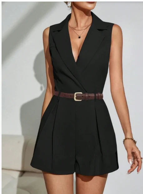 Letnie, codzienne kombinezony z dekoltem w serek, modne kombinezony bez rękawów z klapami, dopasowane szorty, eleganckie damskie kombinezony w jednolitym kolorze z wysokim stanem, kombinezony na lato 2025