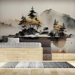 Customized Size 3d Wallpaper Chinese Style Abstract Ink Painting Landscape Mural Home Decoration Mountain Pavilion Tapestry