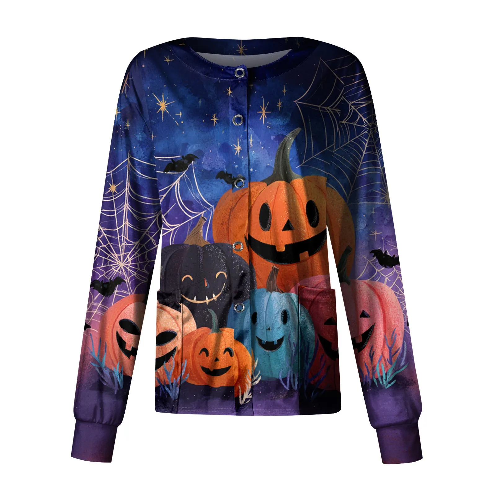 Jaket Overall Pelindung Berkerah Tunggal Motif Halloween untuk Wanita, Lengan Panjang, Berkantong, Seragam Kerja Perawat