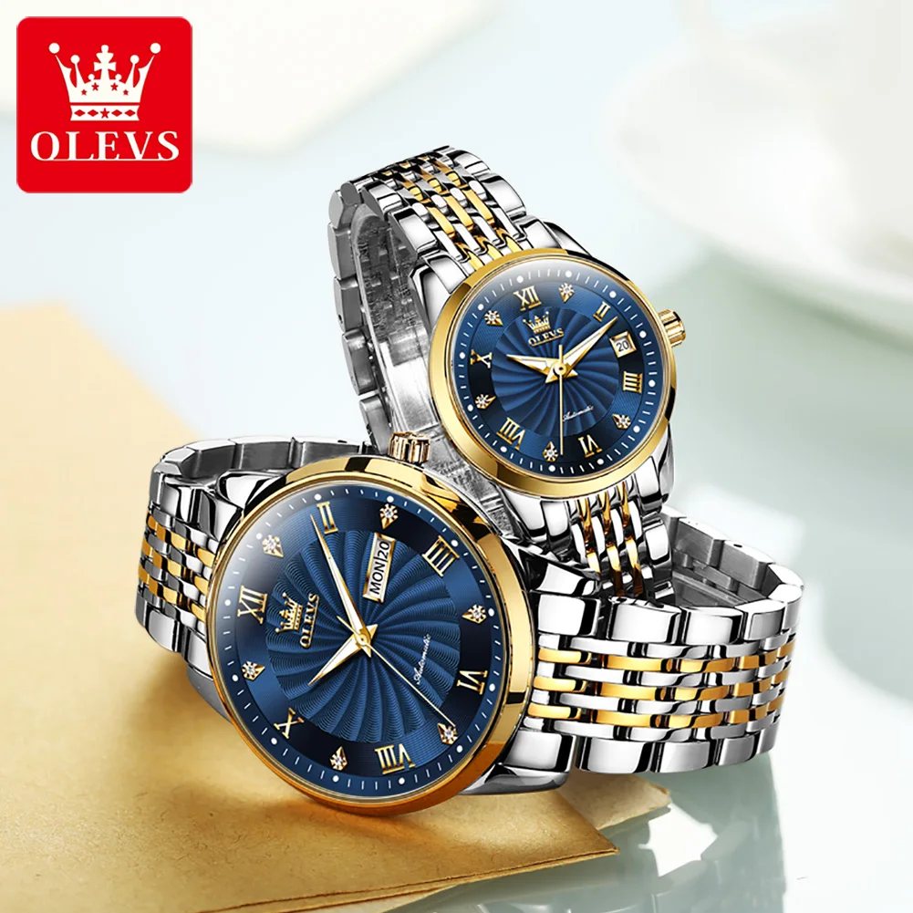 OLEVS-Montre de couple à cadran cyclone pour homme et femme, montre-bracelet mécanique automatique, acier inoxydable, ensemble de montres pour amoureux